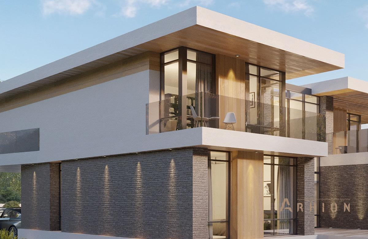 2. Проект двухэтажного дома в стиле хай-тек с плоской кровлей , rh-558, площадью - 558 кв c сауной, терассой, балконом, гаражом, вторым светом